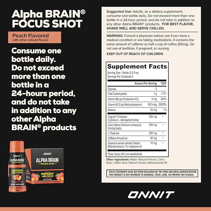 ONNIT Alpha Brain Focus Shot Peach Flavor Nootropic Dietary Supplement Drink that Supports Energy Focus and Mood IGEN™ Non-GMO Tested 2.5 fl oz 6 Count