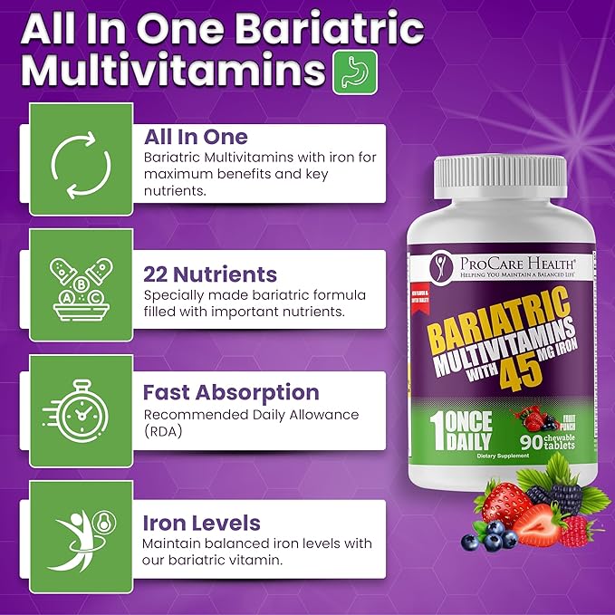 Procare Health Bariatric Multivitamin with Iron 45mg Chewable (90 Tablets) - Fruit Punch Flavor Bariatric Multivitamin Chewable Pills for Gastric Bypass &amp Sleeve Gastrectomy Patients (03 Month Sup