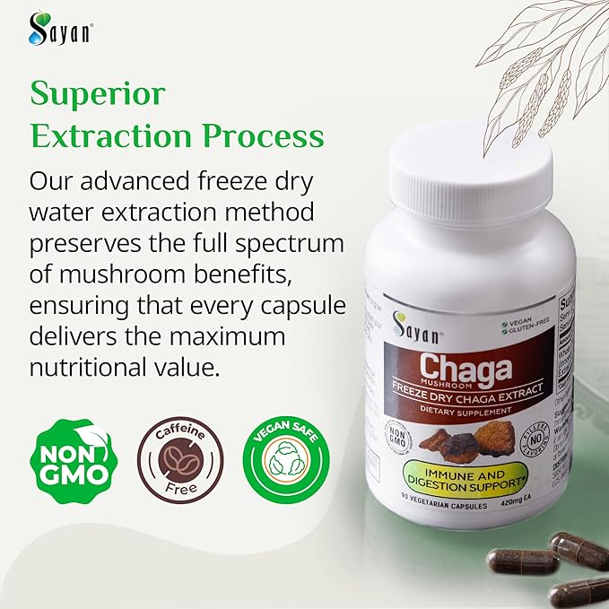 Sayan Siberian Chaga Mushroom Extract – 90 Capsules/420mg ea – Natural &amp Wild-Harvest Antioxidant Supplement – Immune System Support &amp Regulate Body Functions – Vegan Non-GMO No Fillers or A