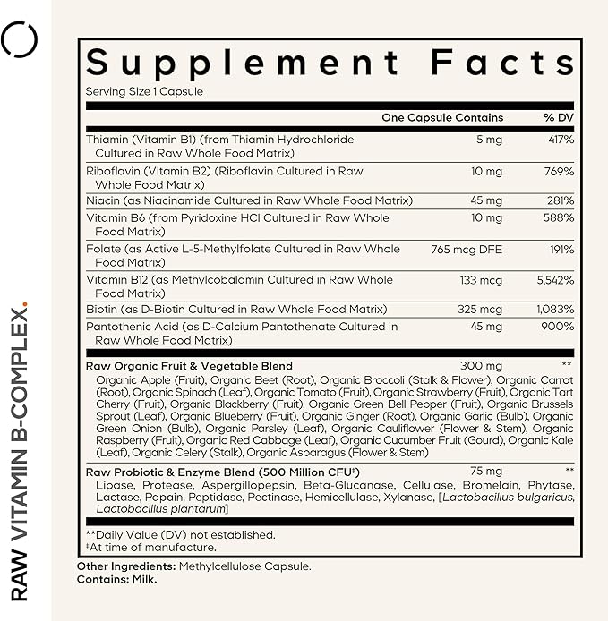 Codeage Raw Vitamin B-Complex Supplement - Essential B Vitamins with Probiotics Digestive Enzymes Fruits &amp Vegetables - 2-Month Supply - Methylfolate - Biotin - Vitamin B12 - Non-GMO - 60 Capsul