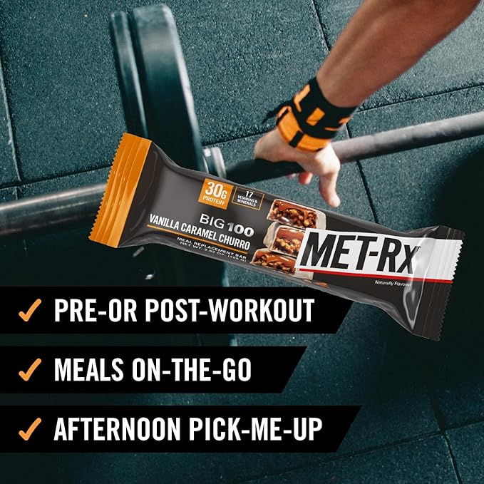 MET-Rx Big 100 Colossal Protein Bars Vanilla Caramel Churro Meal Replacement Bars Brown 9 Count