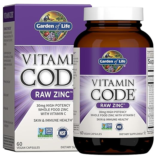 Garden of Life &amp Zinc Supplements 30mg High Potency Raw Zinc and Vitamin C Multimineral Supplement Vitamin Code/Trace Minerals &amp Probiotics for Skin Health &amp Immune Support 60 Vegan Caps