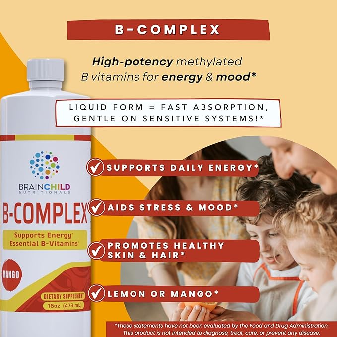 BrainChild B-Complex Liquid - High-Potency Methylated B Vitamins for Energy Stress &amp Mood Non-GMO Vegan Gluten-Free Mango - 16oz