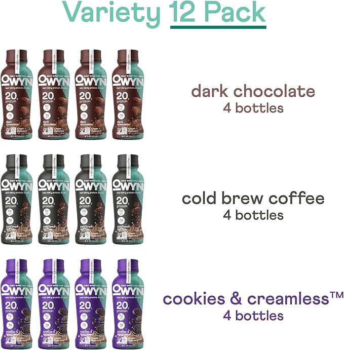 OWYN Only What You Need Protein Shake Variety Pack Dark Chocolate Cold Brew Coffee Cookies and Creamless 20g Protein 4g Sugar 3g Fiber Dairy Free Plant Based Protein Drink 12 CT