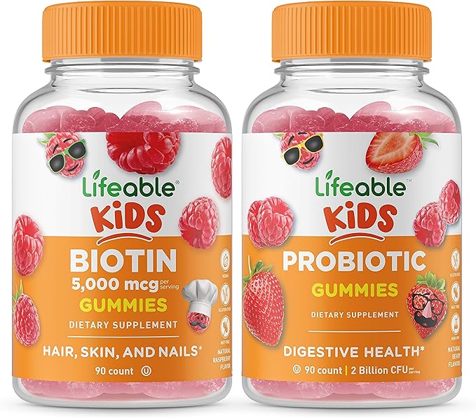 Lifeable Biotin Kids + Probiotic 2 Billion CFU Kids Gummies Bundle - Great Tasting Vitamin Supplement Gluten Free GMO Free Chewable Gummy