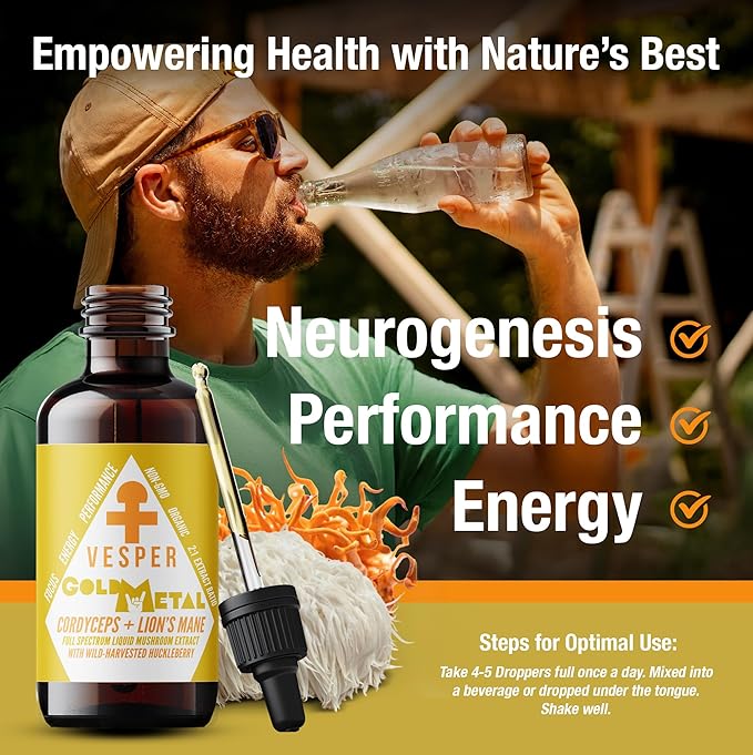 Vesper Gold Metal Mushroom Liquid Extract - Cordyceps &amp Lion’s Mane Blend with Wild Huckleberries for Neurogenesis Performance and Energy USA-Grown for Focus &amp Endurance – 4oz