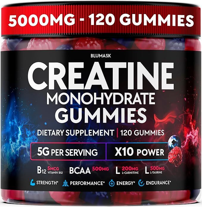 Creatine Monohydrate Gummies Complex 5000 MG for Men &amp Women Preworkout Gummy with BCAA L-Carnitine Taurine &amp Vitamin B12 for Muscle Growth Strength &amp Energy Support  Flavored and Che