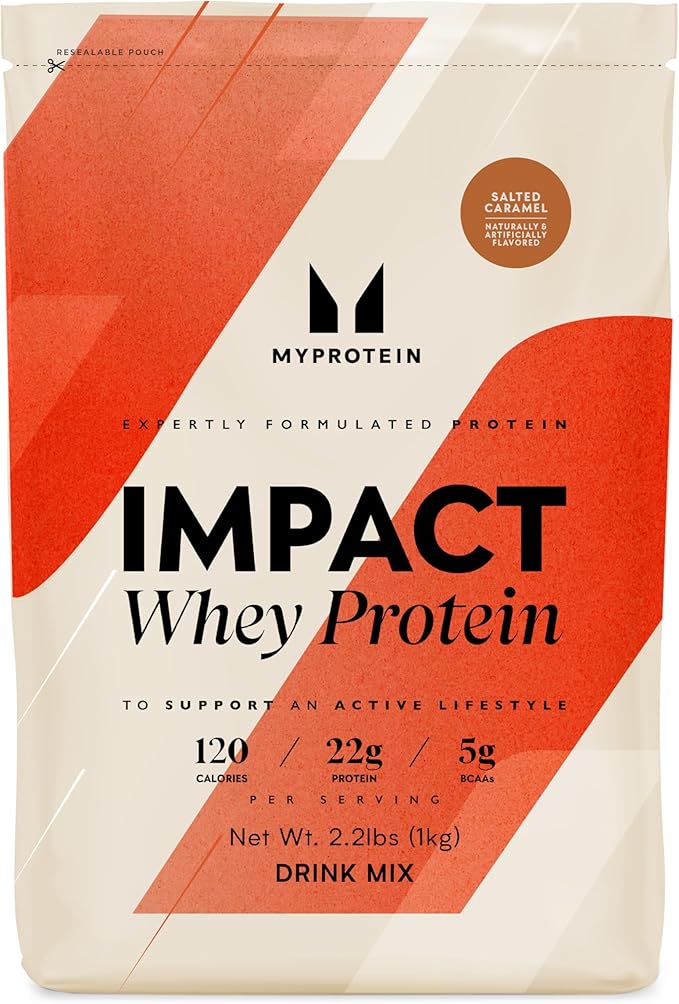 Myprotein Impact Whey Protein Powder 2.2 Lbs (31 Servings) Salted Caramel 22g Protein &amp 5g BCAA Per Serving Protein Shake for Superior Performance Muscle Strength &amp Recovery Gluten Free