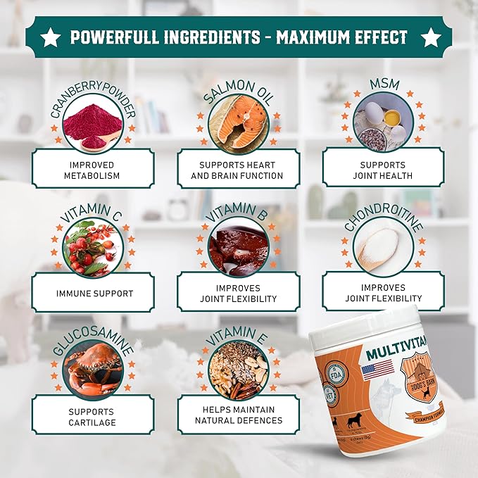 Old Dog's Barn Multivitamins 19 in 1 for Dogs – Glucosamine Salmon Oil Cranberry Powder Hemp Seed Oil (Omega 6) MSM Chondroitin Vitamin C Probiotics Zinc &amp Folic Acid 120 Soft Chews