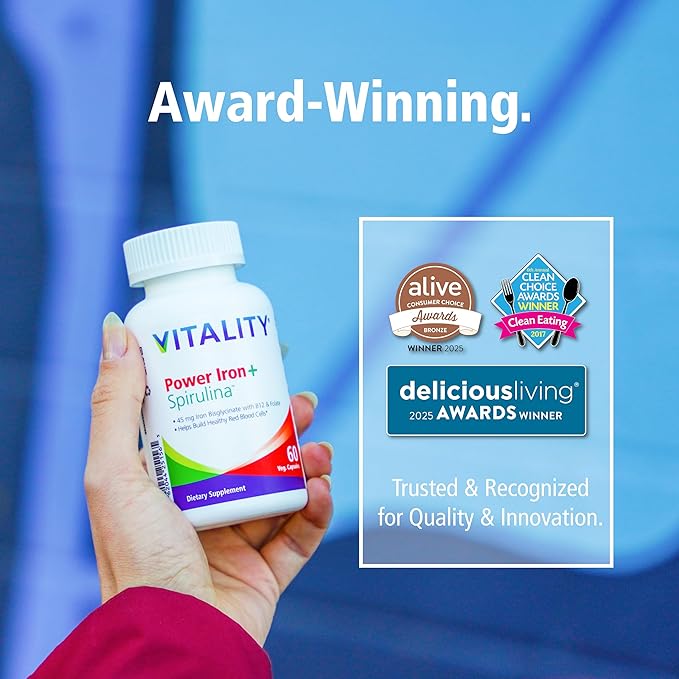VITALITY Power Iron + Spirulina | 45mg Iron | Blood Builder | Iron Deficiency Support | Vegan | All Natural Supplement | Gentle on Stomach | Capsules… (60 Count (Pack of 1))