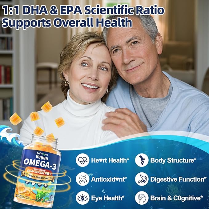 Vegan Omega 3 Gummies for Women Men 40+: 1280mg Algae Omega 3 Fatty Acid Supplements with DHA EPA Omega3 Vitamin D3 K2 Coq10 Zinc Support Brain Health - Adults Fish Oil Alternative (60Count)