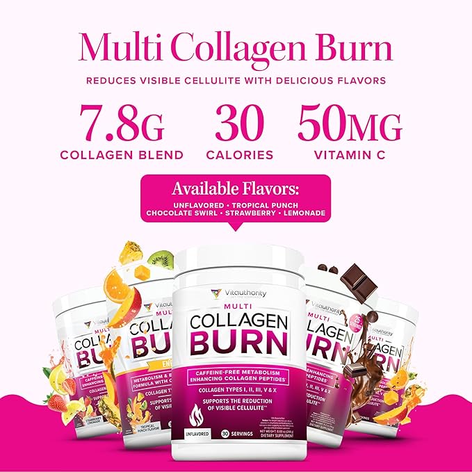 Vitauthority Multi Collagen Burn: Hydrolyzed Protein Peptides with Hyaluronic Acid and Multi Collagen Peptides Powder for Women - Hydrolyzed Flavored Collagen