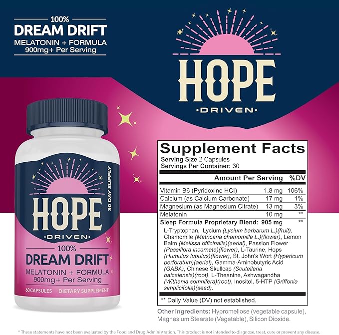Dream Drift Melatonin+ Sleep Aid Supplements for Adults – 60 Count – Enhanced with Magnesium Ashwagandha and L-Theanine for Restful Sleep and Recovery-10mg Melatonin Sleeping Pills.