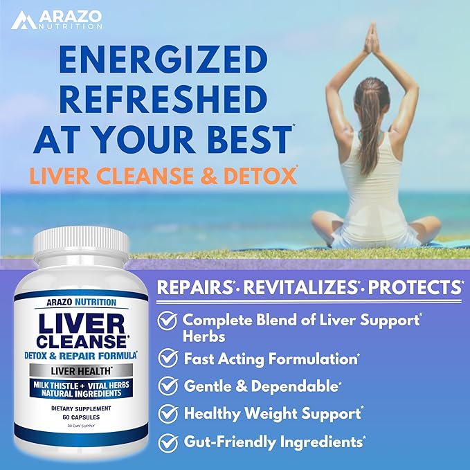 Arazo Nutrition Liver Cleanse Detox &amp Repair Formula – Milk Thistle Herbal Support Supplement: Silymarin Beet Artichoke Dandelion Chicory Root