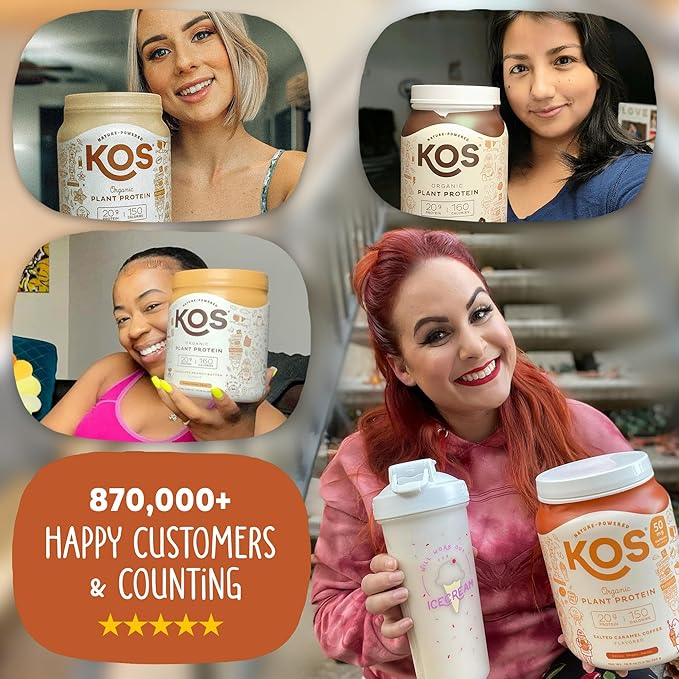 KOS Vegan Protein Powder Salted Caramel Coffee - Low Carb Pea Protein Blend Organic Plant Superfood Rich in Vitamins &amp Minerals - Keto Dairy Free - Meal Replacement for Women &amp Men - 15 Ser