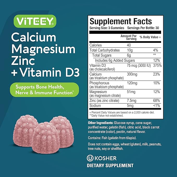 Viteey Calcium Magnesium Zinc Gummies with Vitamin D3 - Supports Bone Health Nerve &amp Immune Function - Calcium Magnesium Zinc D3 for Adults &amp Teens - GMO Free - Chewable Raspberry Flavored Gu
