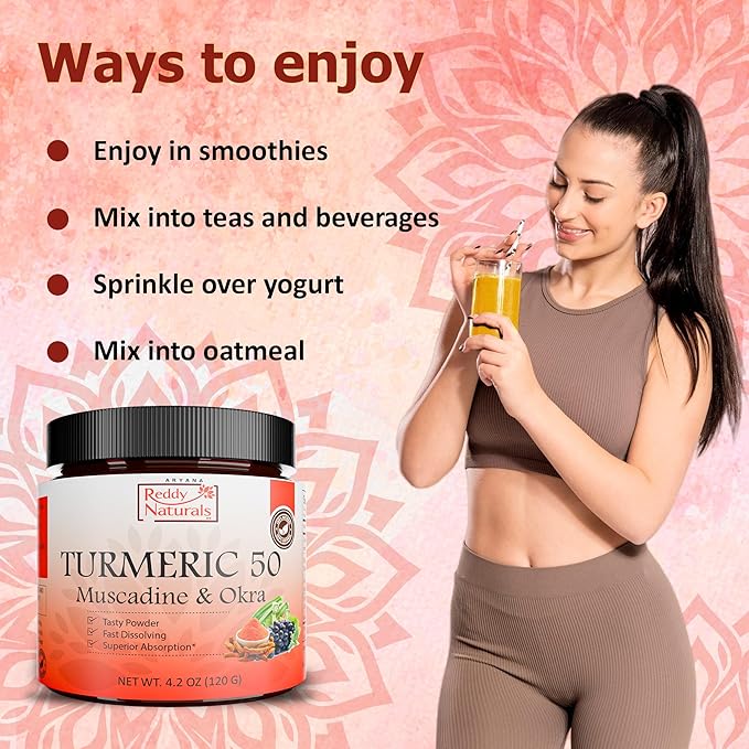 Reddy Naturals Aryana Turmeric 50 – Organic Turmeric Supplement Powder with Muscadine Grape &amp Okra – Fast-Dissolving Plant-Based Formula for Daily Wellness – 30 Servings