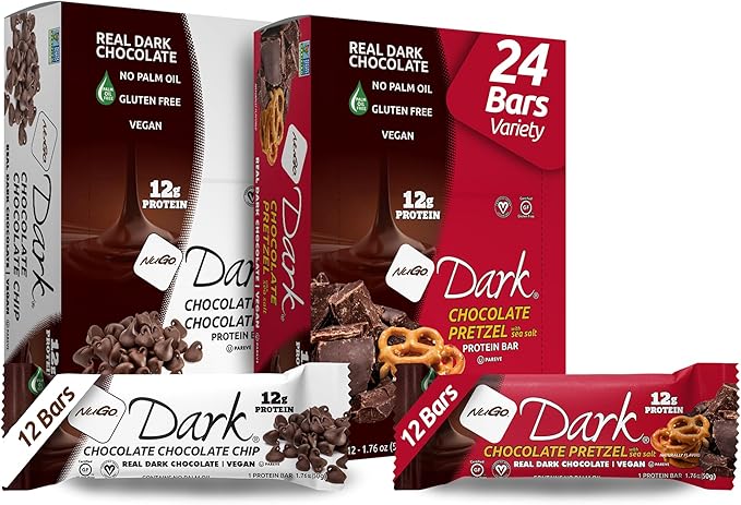 NuGo Dark Variety - Chocolate Pretzel 12 Bars &amp Chocolate Chocolate Chip 12 Bars 12g Protein Vegan Gluten Free Non-GMO Kosher Pareve 24 Count