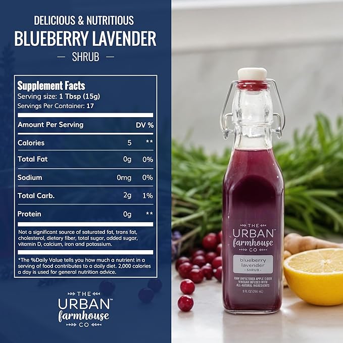 The Urban Farmhouse Co. Organic Vinegar Shrub – Blueberry 9 oz Bottle – Small Batch Drinking Vinegar with Apple Cider Vinegar &amp Whole Berries – Cocktail Mixer Gut Health Tonic No Sugar Added