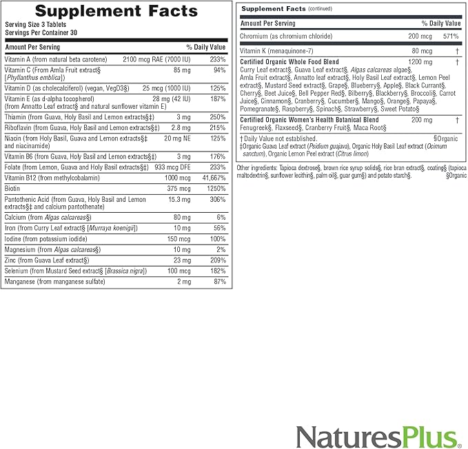 NaturesPlus Source of Life Garden Women’s Multivitamin - 90 Tablets - Supports Energy &amp Healthy Immune System - USDA Certified Organic Non-GMO Vegan Gluten Free - 30 Servings