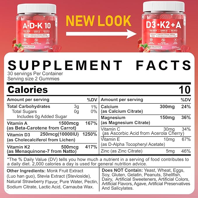 Vitamin D3 + K2 + A Gummies 5000IU/10000 IU - Vitamin D3 Con K2 Supplement with Calcium Magnesium Zinc Vitamin C &amp E High Dose Ultimate Absorbency for Bones Muscles Teeth Vision Vegan 2 Pack