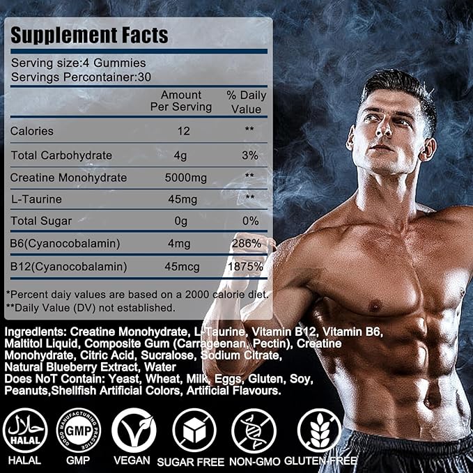 Creatine Monohydrate Gummies 5g for Men &amp Women120 Sugar-Free Chews Pre Workout Creatine Supplement with L-Taurine &amp Vitamins for Muscle Strength Boost Energy &amp Endurance-Blueberry Flavo