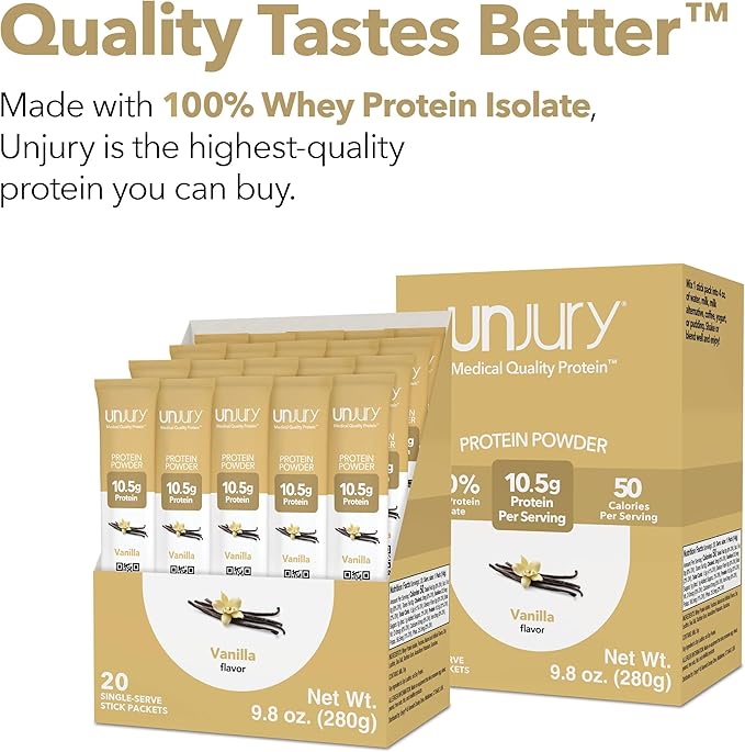 Unjury Whey Protein Powder Individual Stick Packs | Vanilla | 10.5g 100% Whey Isolate Protein Powder | Low Carb and Lactose Free | Gluten Free | Certified Kosher | 20 Servings