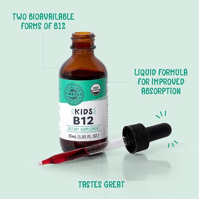 Vimergy Kids USDA Organic Liquid B12 – Promotes Physical Development &amp Cognitive Function* – Fast-Absorbing Immune Support* – Vegan Non-GMO – 55 mL
