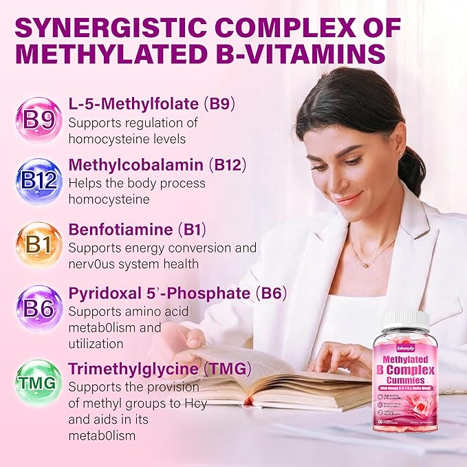 Methylated B Complex multivitamin for Women - Daily Vitamin B1 B2 B6 B12 Gummies with Folate Vitamin C Magnesium &amp Omega 3 - Supports for Immune &amp Over-All Health