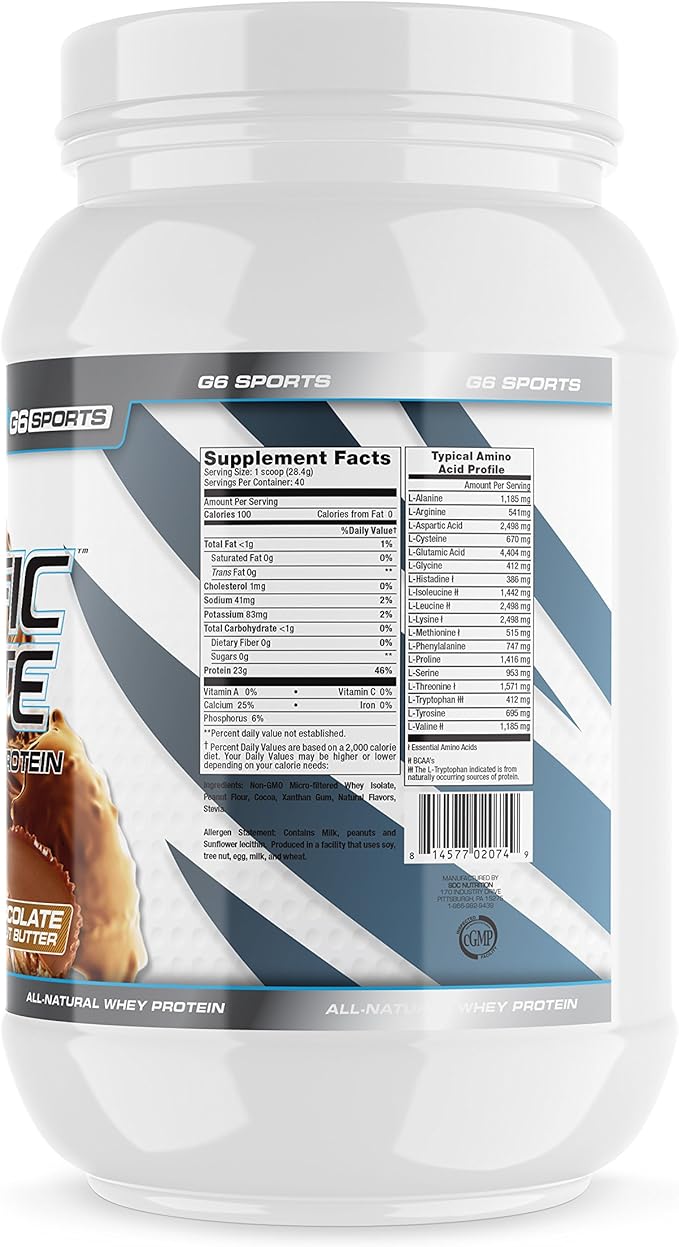 G6 Sports Nutrition Prolific Isolate All Natural Whey Protein Isolate (Gluten Free Lactose Free Soy Free Stevia Sweetened 25g Protein 100 Calories) – 2.5lb Jar – Chocolate Peanut Butter