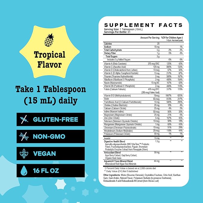 Best Nest Wellness - Mama Bird - Kids Multi+ Liquid Vitamins (31 Servings) Tropical Flavor - Active Methylated Vitamins Kids Multivitamin - Organic Superfoods Enzymes