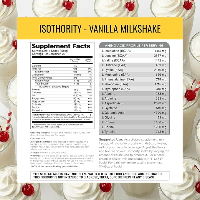 Nutrithority - Isothority Isolated Whey Protein Powder with Ultra-Absorbable Protein and BCAAs to Build Muscle and Accelerate Recovery Keto Friendly Low Carbs Gluten Free (Vanilla Milkshake)