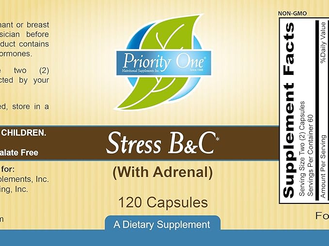 Priority One Vitamins Stress B &amp C 120 Capsules - B Complex with Whole Gland Adrenal to Support Healthy Nerves Skin Eyes gastrointestinal and Brain Functions.*