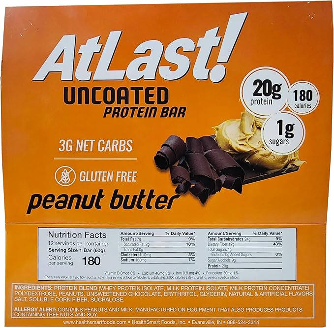 AtLast! Peanut Butter Protein Bars – Low Carb Keto-Friendly High Protein Gluten-Free Low Sugar Snack – 20g Protein Only 3g Net Carbs – Box of 12