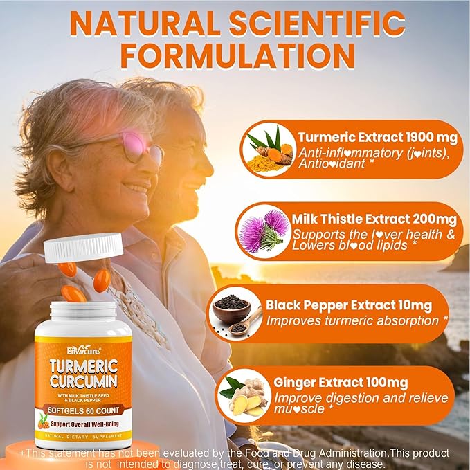 5 in 1 Turmeric Curcumin Softgels 2000mg with Milk Thistle Seed Extract &amp Black Pepper Ginger Root - Immune Liver Support - 95% Curcuminoids - Turmeric and Ginger Supplement Softgel Capsules