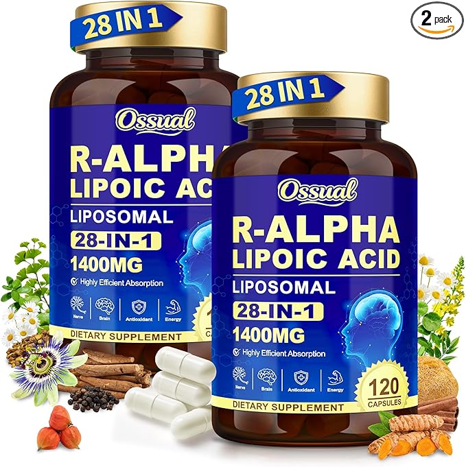 1400MG R Alpha Lipoic Acid 28-in-1 Stabilized ALA Supplements Neuropathy Supplements with L-Carnitine NAC &amp B-Complex R-ALA Supplement Antioxidant for Nerve Brain Energy丨Vegan 240 Capsules