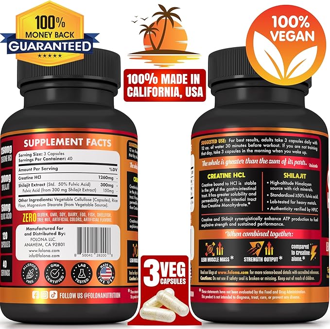 Creatine HCL with Shilajit - Workout Supplement for Men &amp Women Muscle Builder Endurance Strength Superior to Monohydrate: Instantized for Max Absorption No Load No Bloat - 120 Vegan Caps