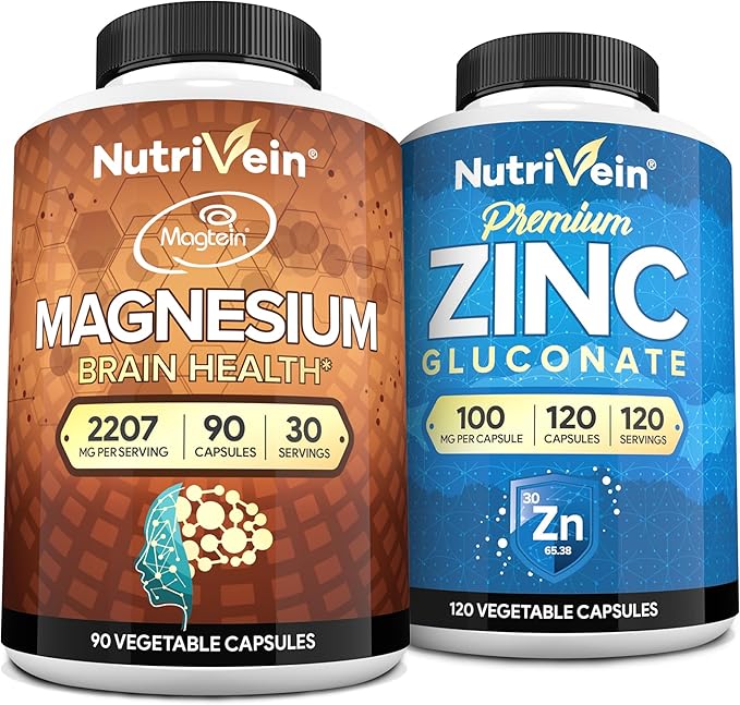 Nutrivein Premium Magnesium L-Threonate &amp Zinc Gluconate Supplements Bundle: High Absorption Zinc Gluconate + Magnesium Threonate Supplement Pair for Whole-Body Wellness Defenses &amp Balance