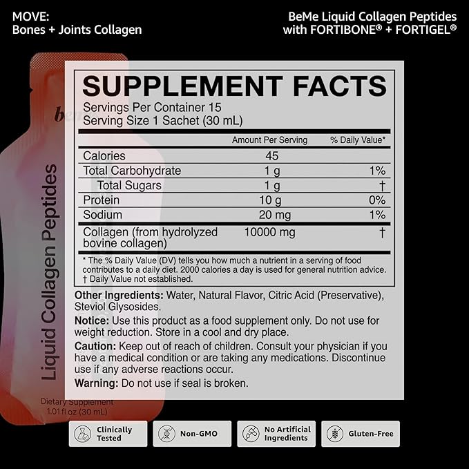 BeMe Bone &amp Joint Collagen Supplement — 10000mg FORTIBONE + FORTIGEL Hydrolyzed Collagen Peptides — Clinically Proven for Bone Density &amp Joint Mobility — Liquid Sachets Orange Mango 15 Coun