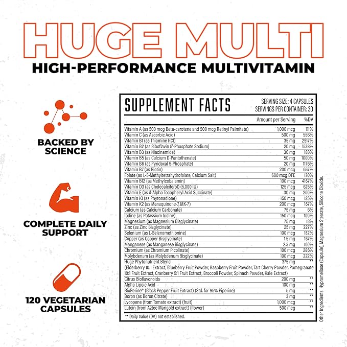 Huge Multi Multivitamin for Men High-Performance All-in-One Formula for Athletes &amp Bodybuilding Vitamin &amp Mineral Replenishment Supports Immune System &amp Healthy Hormone Levels (120 Cap