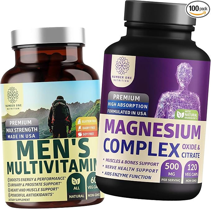 N1N Premium Magnesium Complex and Men's Multivitamins All Natural Supplements to Improve Energy Immunity and Support Bone Muscle and Nerve Function 2 Pack Bundle