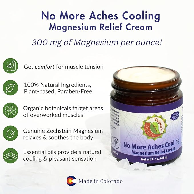 Taspen’s Organics Magnesium No More Aches Cooling Cream – Topical Magnesium Cream for Muscle Relief Sore Muscles &amp Post-Workout Recovery with Arnica Herbs &amp Essential Oils