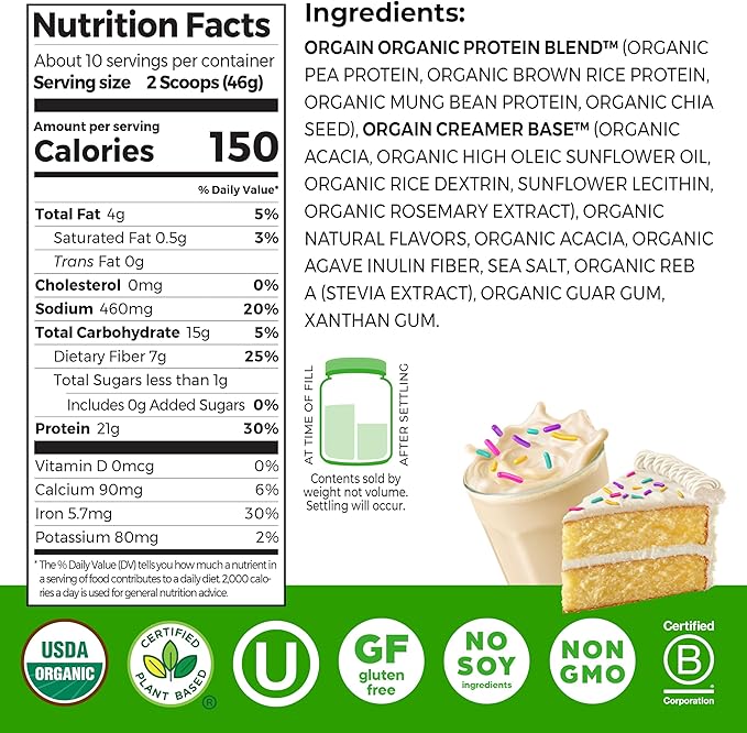 Orgain Organic Vegan Protein Powder Birthday Cake - 21g Plant Based Protein 7g Prebiotic Fiber Low Net Carb No Lactose Ingredients No Added Sugar Non-GMO for Shakes &amp Smoothies 1.02 lb