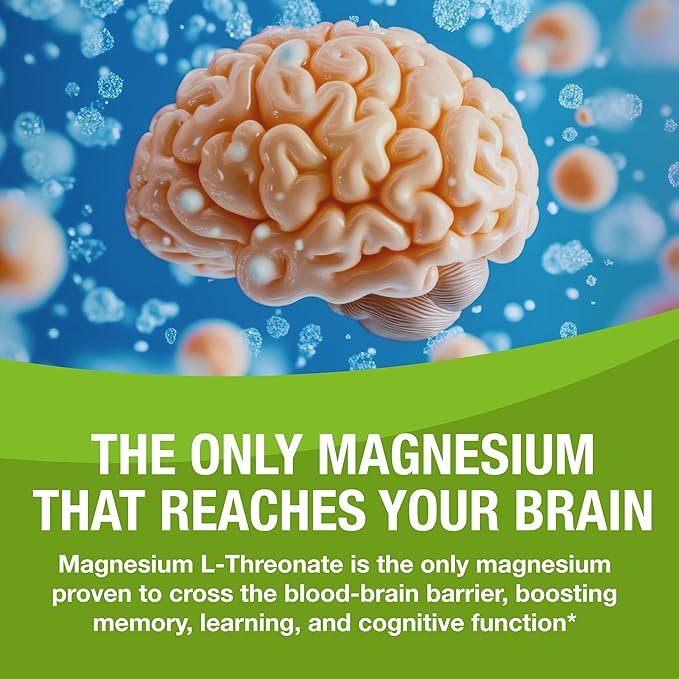 Magtein - Magnesium L-Threonate Supplement Memory Focus Sleep &amp Brain Health Formula for Men &amp Women Cognitive Support for Adults Clinically Researched - 60 Veg Capsules