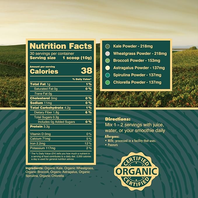 Organic Greens Superfood Powder USA Grown - Kale Wheatgrass Broccoli Astragalus Spirulina &amp Chlorella USA Grown (10.6 oz 1 Month Supply)