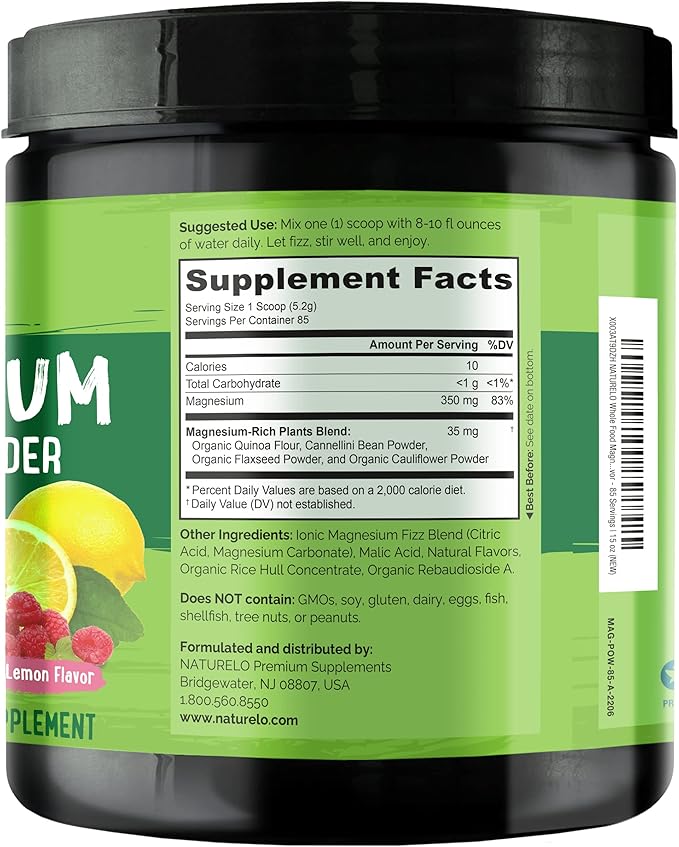 NATURELO Magnesium Powder - Whole Food Calm Magnesium Powder with Quinoa Cauliflower &amp Flaxseed for Stress Relief Raspberry Lemon 85 Servings 15oz