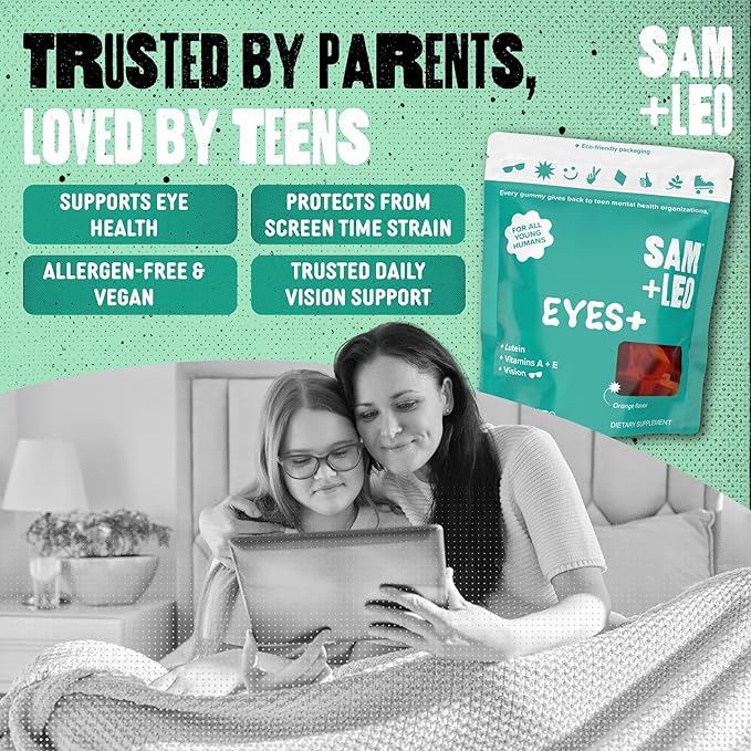 SAM+LEO Eye Vitamin Gummies with Lutein &amp Zeaxanthin for Kids &amp Teens - Eye &amp Vision Health Support Supplement Gummies + Vitamins A E &amp C | Vegan &amp Gluten Free Supplement - Orang