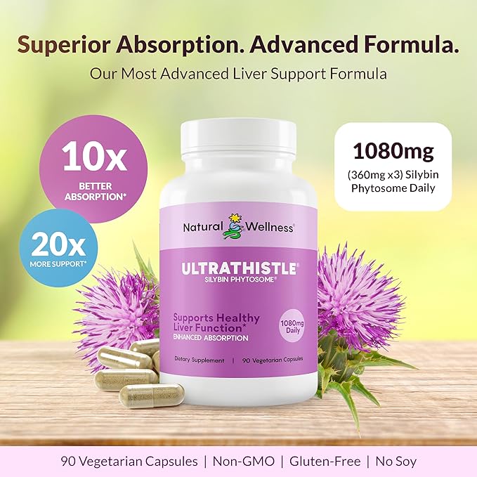 UltraThistle Advanced Milk Thistle Supplement – 1080mg Silybin Phytosome for Superior Absorption – Liver Support Detox &amp Enzyme Health – Non-GMO Gluten Free Soy Free – 90 Capsules (30-Day Suppl