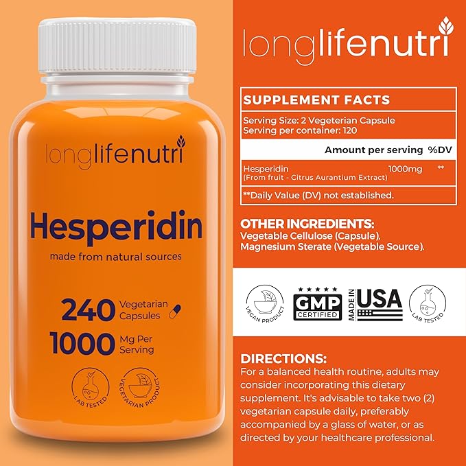 LongLifeNutri Hesperidin 1000 mg (240 Caps) &amp Quercetin 1000 mg + Bromelain 200 mg (120 Veg Caps) Bundle – 2–4 Month Supply Bioflavonoid &amp Enzyme Duo Non-GMO GMP Certified Made in USA