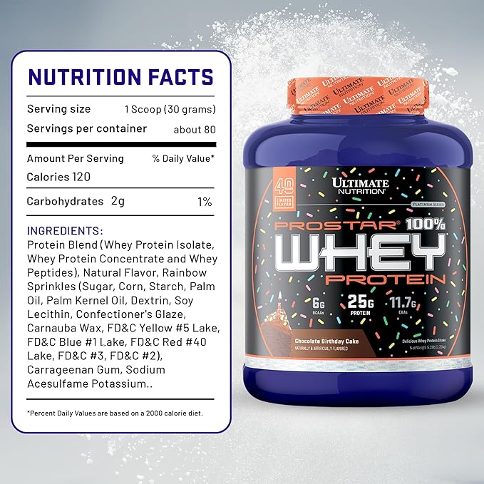 Ultimate Nutrition Prostar Whey Protein Powder Isolate Chocolate Birthday Cake - Low Carb High Protein Powder Shake for Muscle Gain &amp Recovery - Low Sodium Low-Fat &amp Keto Friendly - 5.28 lb